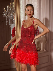 Austyn Tassel Feather Mini Dress In Red