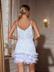 Austyn Tassel Feather Mini Dress In White
