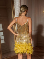 Austyn Tassel Feather Mini Dress In Gold