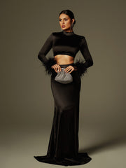 Avalee Long Sleeve Feather Satin Skirt Set