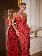 Avital Strapless Flower Maxi Dress In Red