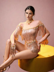 Axiom Long Sleeve Fringe Bodysuit In Nude