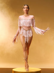 Axiom Long Sleeve Fringe Bodysuit In Nude
