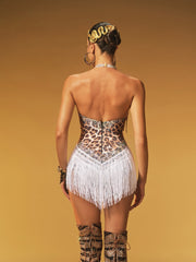 Azhor Halterneck Rhinestone Fringe Leopard Bodysuit In White