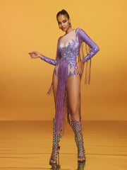 Azhrik Rhinestone Glitter Fringe Bodysuit