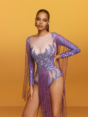 Azhrik Rhinestone Glitter Fringe Bodysuit