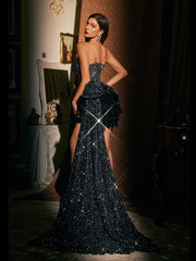 Azon Spaghetti Sequin Feather Draped Mini Dress