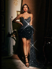 Azon Spaghetti Sequin Feather Draped Mini Dress