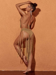 Berlin Knit Fringe Bikini Two Piece Set In Brown