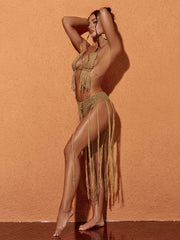 Berlin Knit Fringe Bikini Two Piece Set In Brown