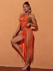 Berlin Knit Fringe Bikini Two Piece Set In Orange
