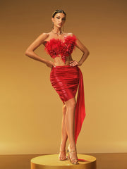 Betsey Feather Trimmed Corset Skirt Set