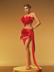 Betsey Feather Trimmed Corset Skirt Set