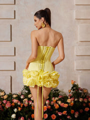 Birtin Strapless Flower Mini Dress In Yellow