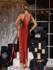 Bluma Halterneck Fringe Maxi Dress In Rust Red