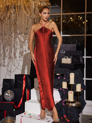 Bluma Halterneck Fringe Maxi Dress In Rust Red