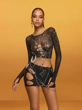 Blythra Cutout Chain Rhinestone Skirt Set