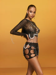 Blythra Cutout Chain Rhinestone Skirt Set