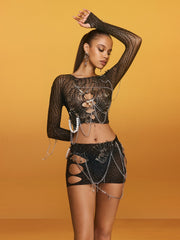 Blythra Cutout Chain Rhinestone Skirt Set