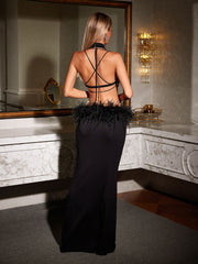 Boris Halterneck Cutout Feather Maxi Dress