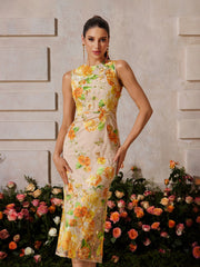 Braxis Sleeveless Flower Embroidered Midi Dress