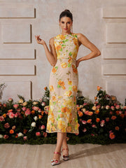 Braxis Sleeveless Flower Embroidered Midi Dress