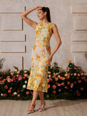 Braxis Sleeveless Flower Embroidered Midi Dress