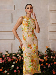 Braxis Sleeveless Flower Embroidered Midi Dress