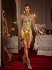 Braychan Embellished Fringe Split Mini Dress In Gold