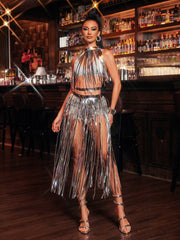 Braython Fringe Metallic Skirt Set In Silver