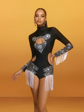 Brazak Cutout Rhinestone Fringe Bodysuit