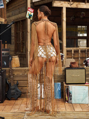 Brinzo Fringe Cover Up Dress In Khaki