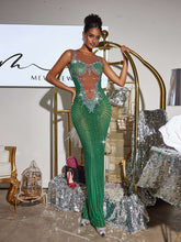 Brody Printed Rhinestone Split Maxi Dress In Green