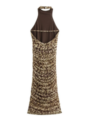 Brynthar Backless Leopard Ruched Midi Dress