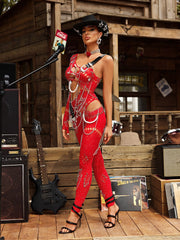 Brynx One Shoulder Cutout Chain Jumpsuit In Red