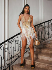 Buggan Rhinestone Fringe Mesh Mini Bodysuit In Gold