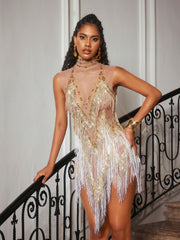 Buggan Rhinestone Fringe Mesh Mini Bodysuit In Gold