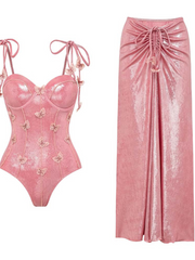 Calypsa Ruched Metallic Swimwear Two Piece Set