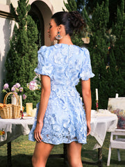 Camo V Neck Flower Embroidered Mini Dress In Blue