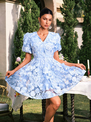 Camo V Neck Flower Embroidered Mini Dress In Blue