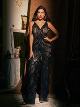 Charnita V Neck Rhinestone Fringe Jumpsuit In Black