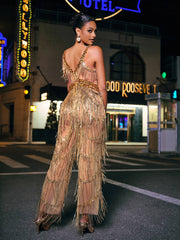 Charnita V Neck Rhinestone Fringe Jumpsuit