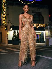 Charnita V Neck Rhinestone Fringe Jumpsuit