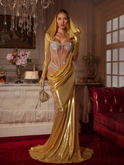 Cimberleigh Long Sleeve Hooded Ruched Maxi Dress In Gold