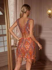 Colette Crystal Chain Fringe Split Skirt Set In Orange