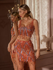 Colette Crystal Chain Fringe Split Skirt Set In Orange