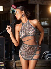 Corvain Rhinestone Mesh Mini Dress In Black