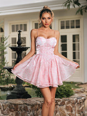 Corviel Spaghetti Floral Printed Ruffle Mini Dress