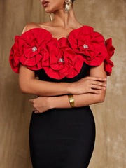 Creed Off Shoulder Flower Bandage Dress In Red