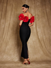 Creed Off Shoulder Flower Bandage Dress In Red